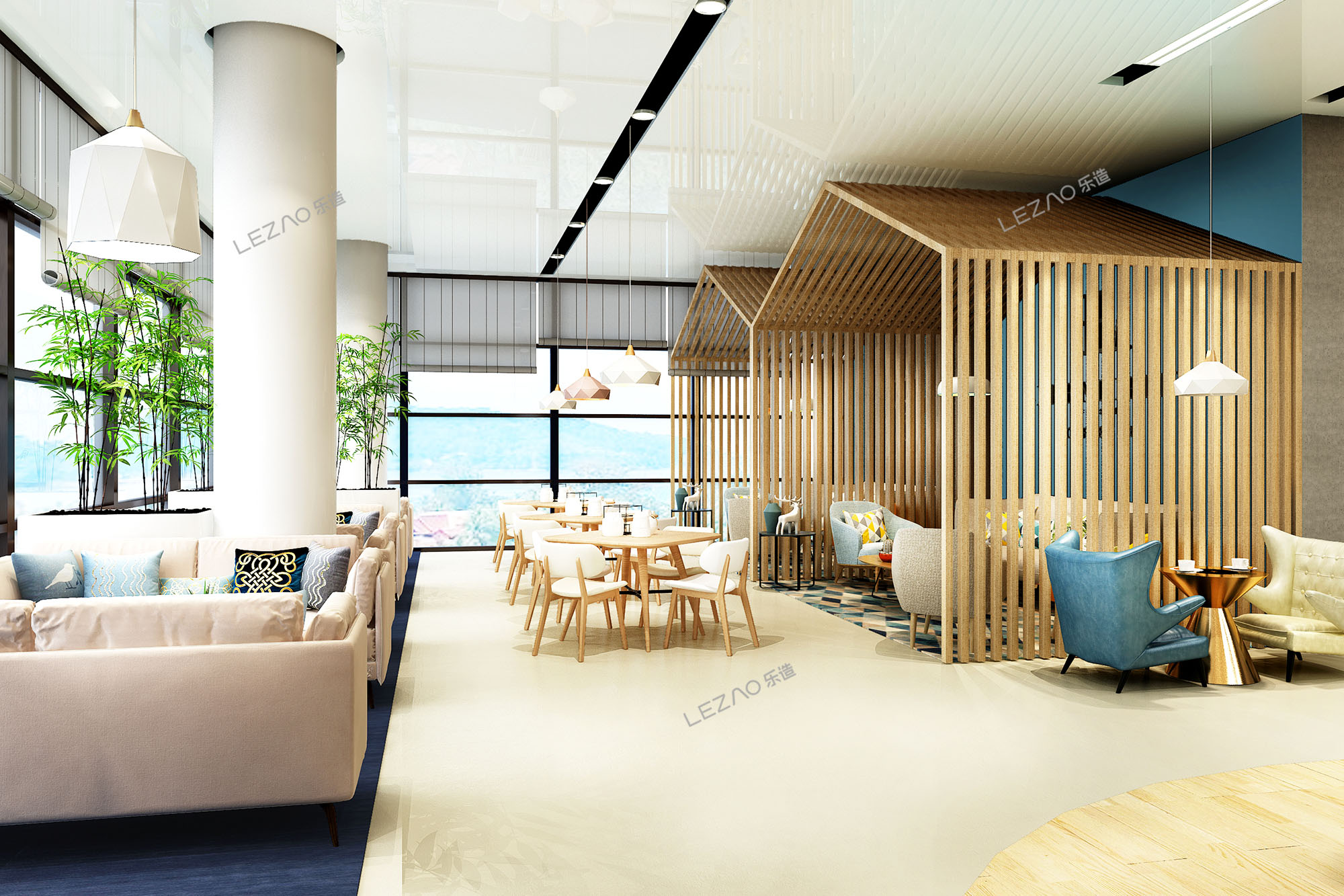 西丽大学城图书馆咖啡厅，新中式主调空间设计感-深圳LEZAO乐造办公整装-高效办公整装创领者