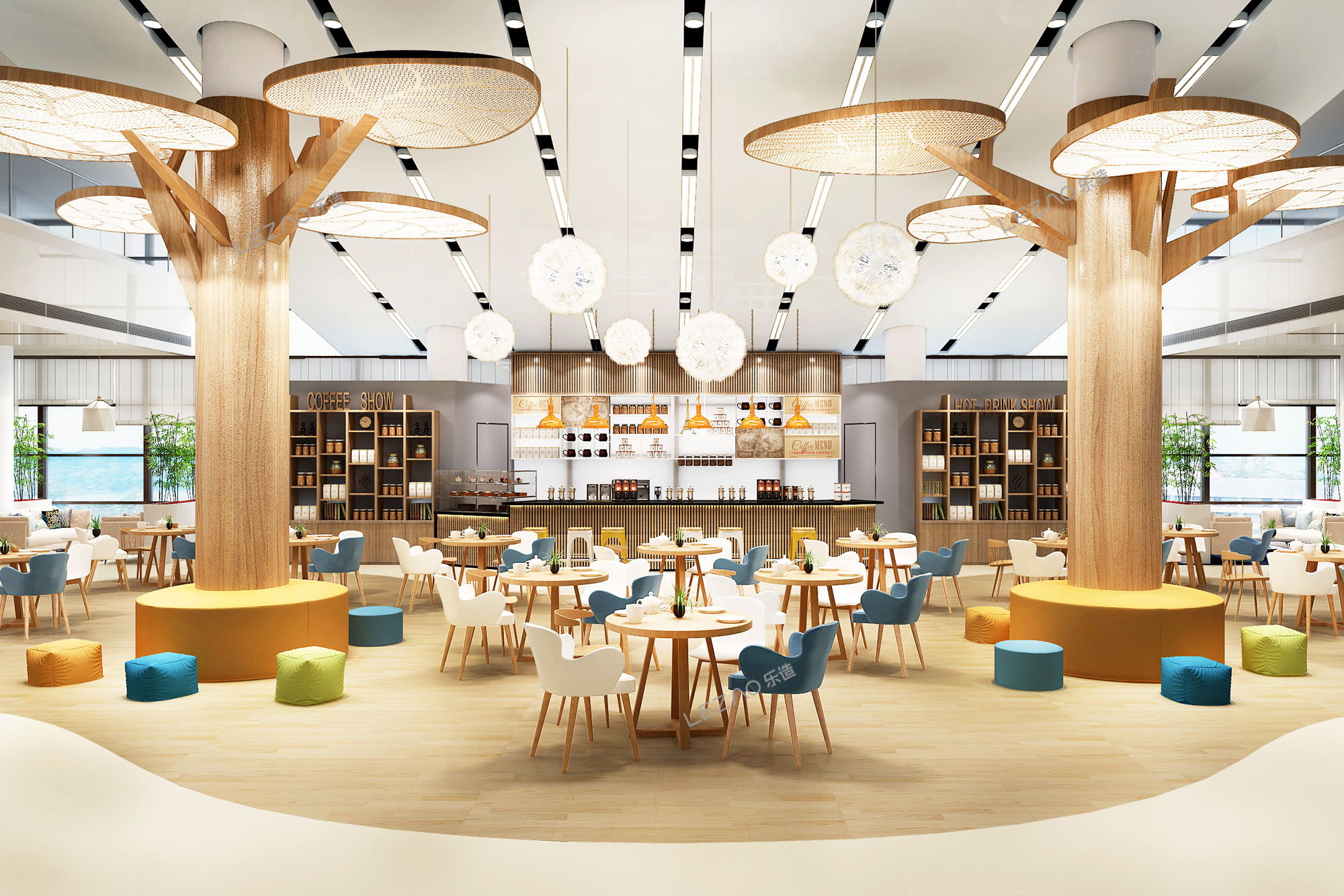 西丽大学城图书馆咖啡厅，新中式主调空间设计感-深圳LEZAO乐造办公整装-高效办公整装创领者